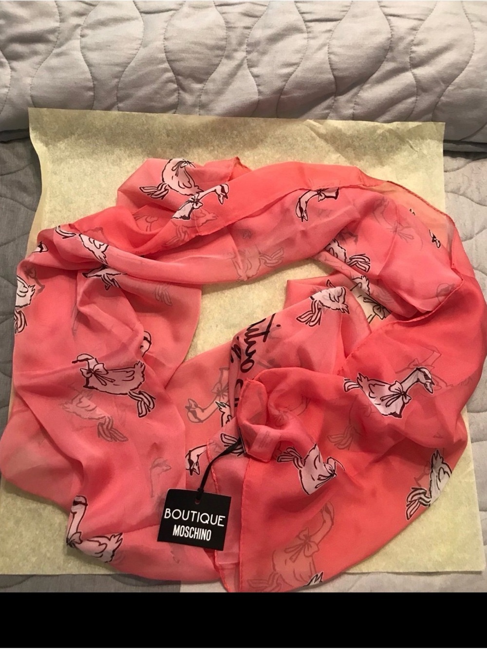 Moschino Coral-Pink Bird Print Silk Scarf